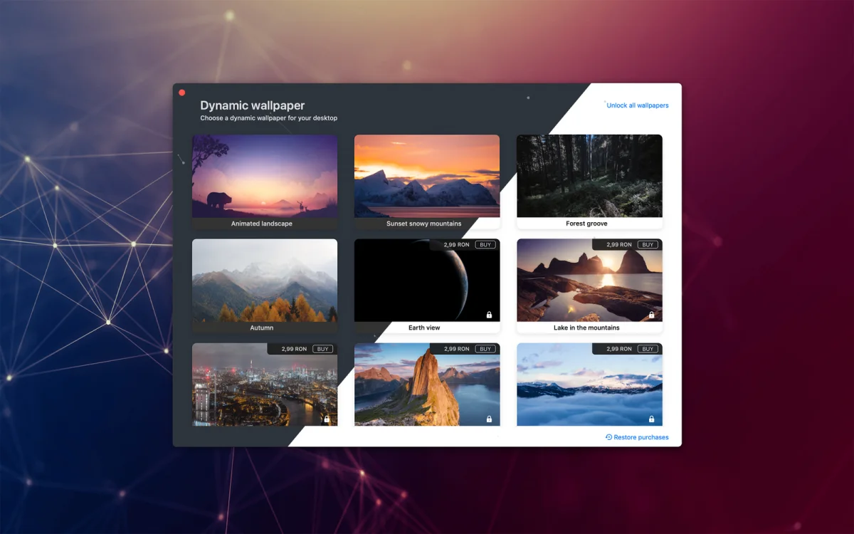 Dynamic Wallpaper macOS app showing its wallpaper catalogue