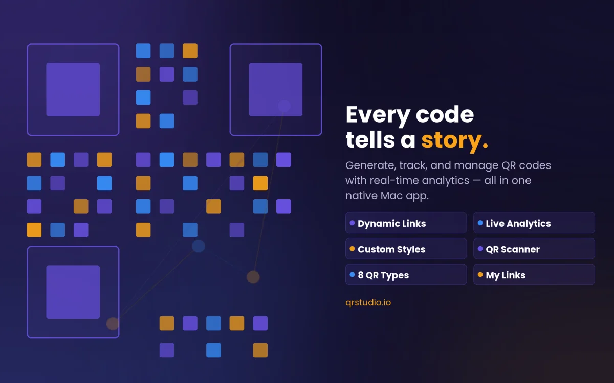 QR Studio PRO product overview showing QR design and analytics features